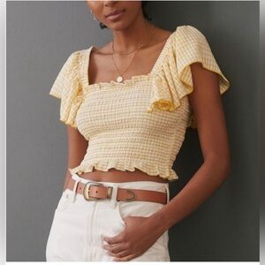 Anthropologie Maeve Yellow Stripe Gingham Smocked Top Flutter Sleeve, Size Large